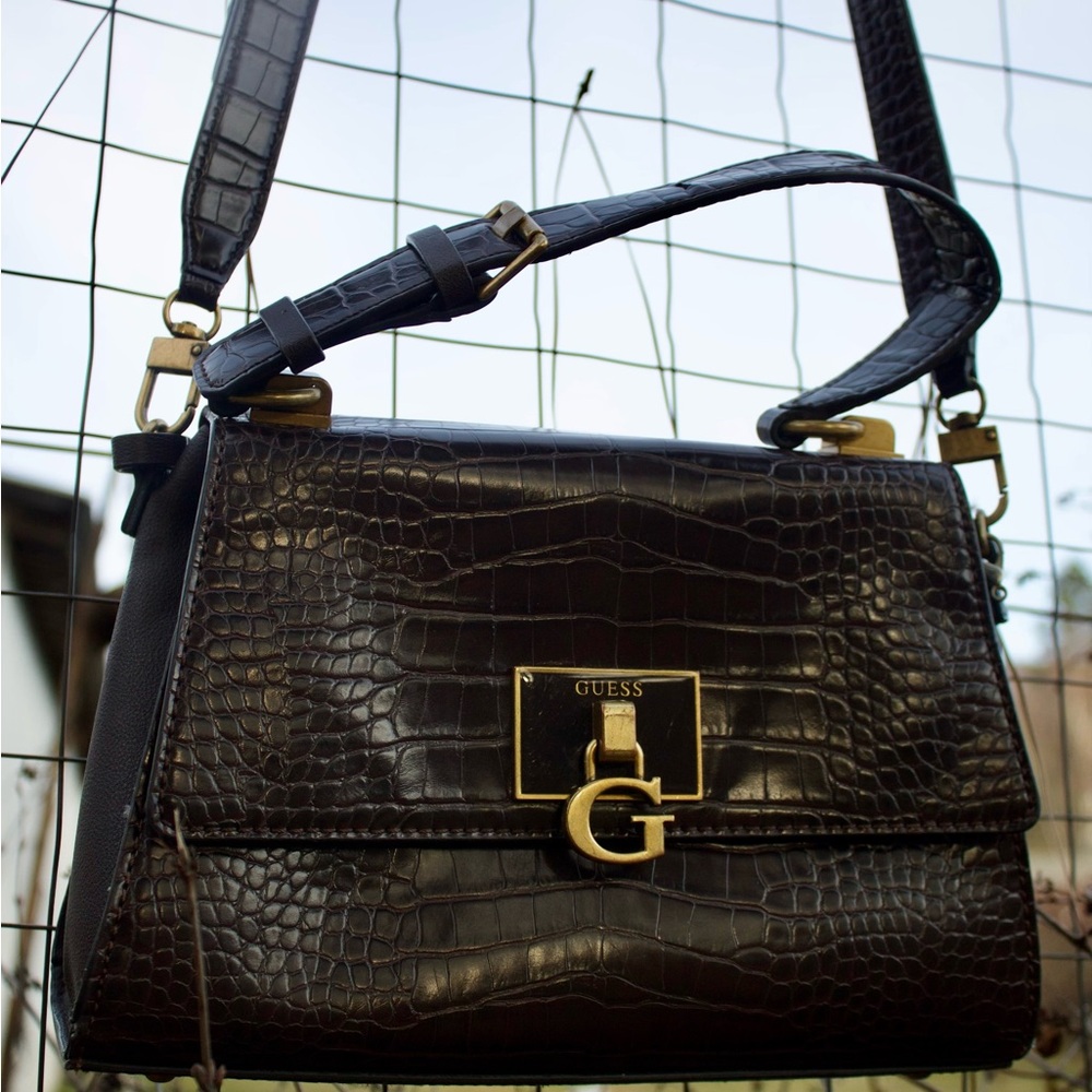 Guess Brown/Black Croc-Embossed Crossbody Bag with Gold Hardware - Picture 2 of 11
